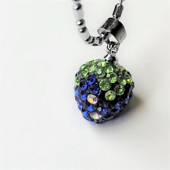 STRAWBERRY Shape Mini Aqua Blue and Lime Green Rhinestone Small Pendant Necklace - Picture 1 of 12